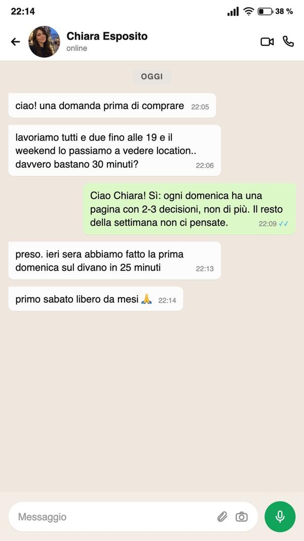 Conversazione WhatsApp: una sposa racconta com'è andata la prima domenica con il planner