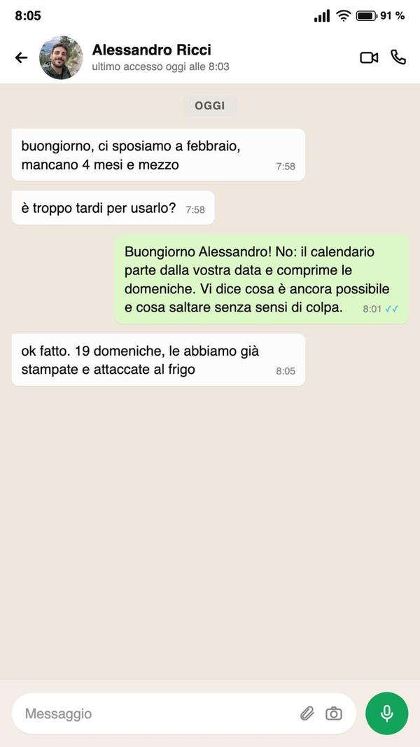 Conversazione WhatsApp: uno sposo racconta di usare la Plancia di Comando dal telefono
