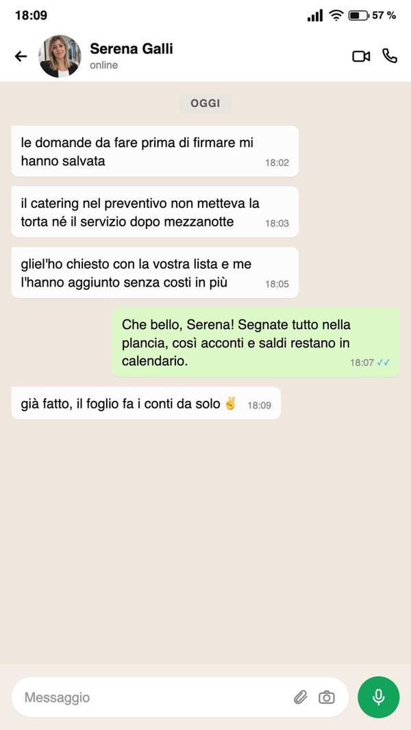Conversazione WhatsApp: una sposa racconta le domande fatte al catering prima di firmare