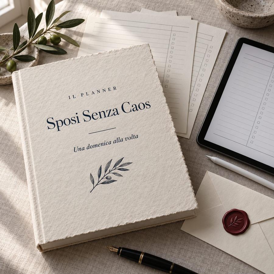 Il Planner Sposi Senza Caos stampato su carta di cotone avorio, con il titolo in blu notte, su una tovaglia di lino