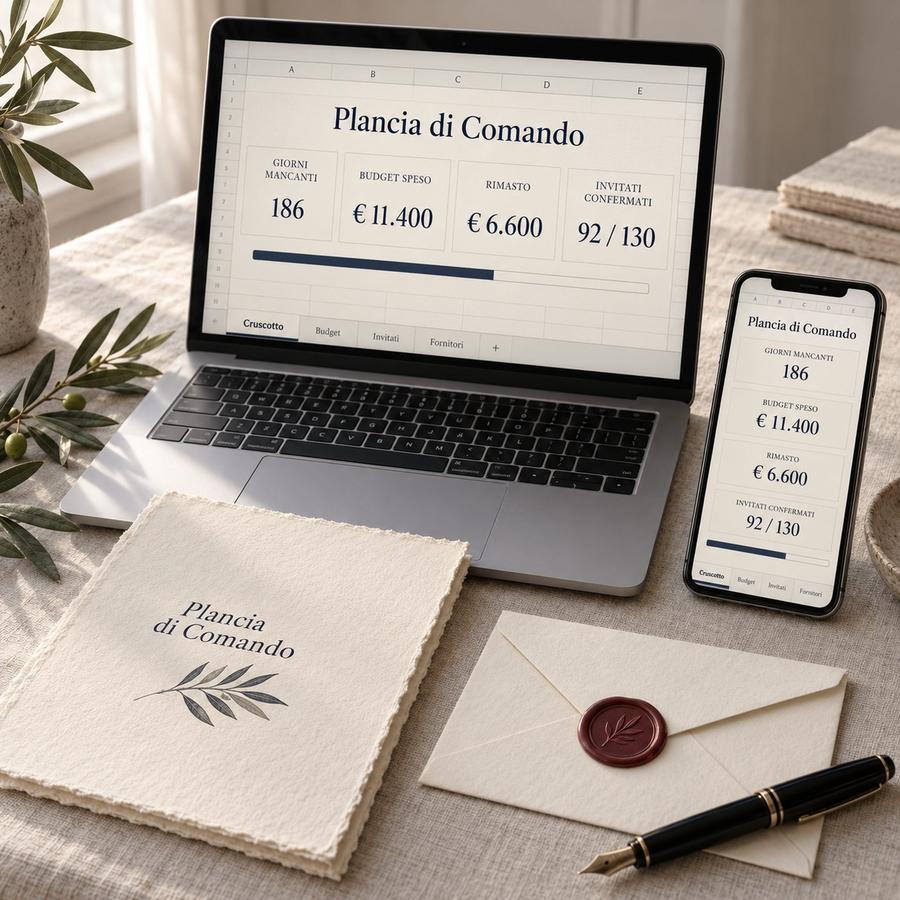 La Plancia di Comando aperta su un portatile e su un telefono: cruscotto con giorni mancanti, budget e invitati confermati